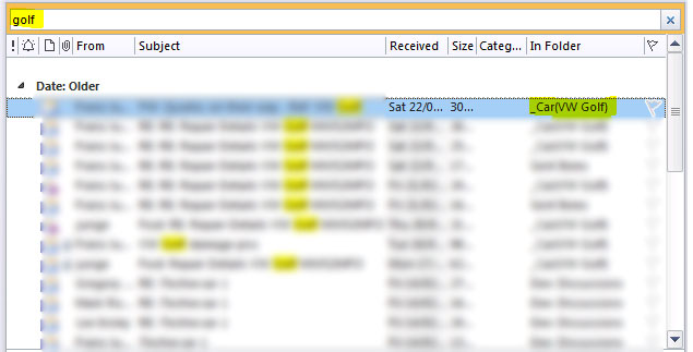 MS Outlook showing results of a 'Find in Files'